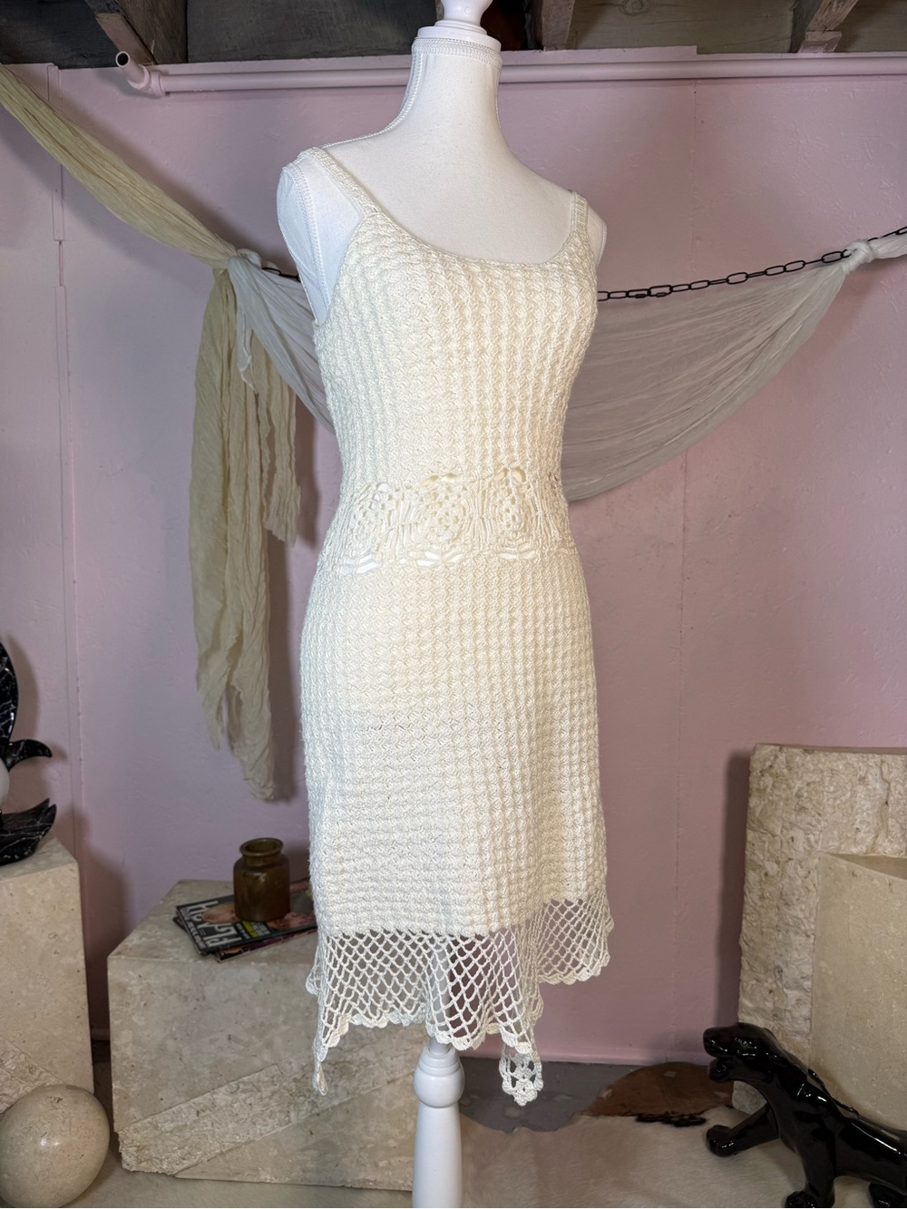 Cream Handmade Crochet Midi Dress Boho Fairy Size Small